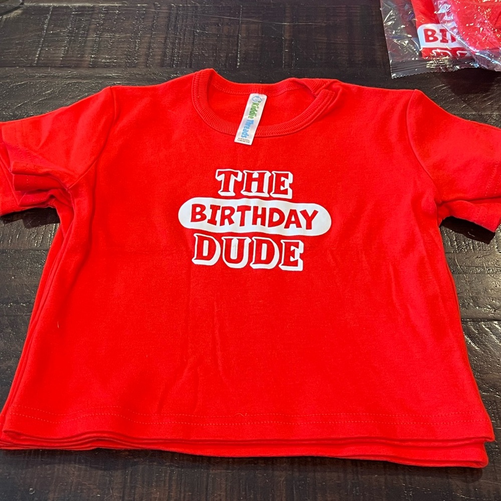 Vibrant Red 'The Birthday Dude' Kids Tee shirt in red 18 months